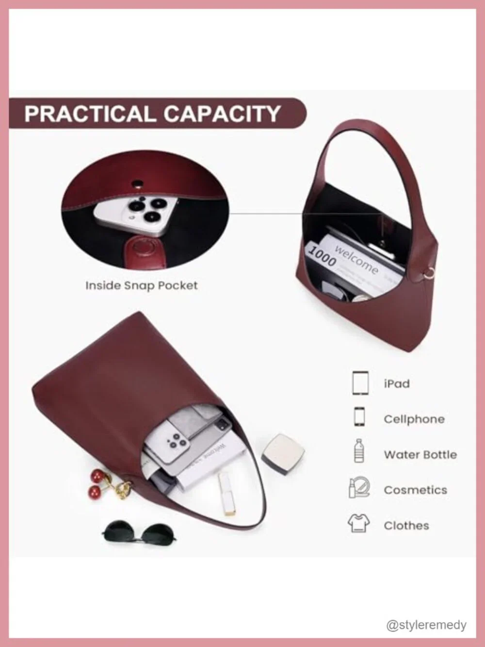 Vegan Leather Hobo Bag with Cherry Charm Slouchy Shoulder Tote